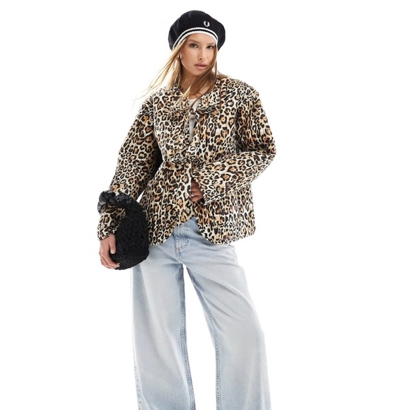 ASOS DESIGN Quilted Brown Black Leopard Print Jacket Tie Closures Sz Small NWOT - Picture 1 of 9